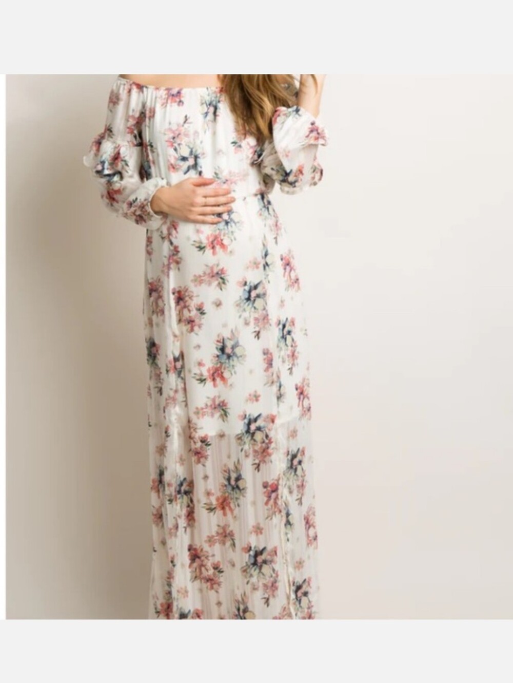 Ivory floral off the shoulder maternity dress